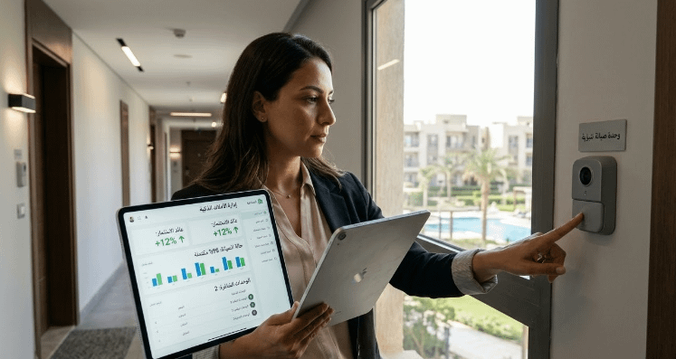 امرأة تستخدم جهاز لوحي في ممر